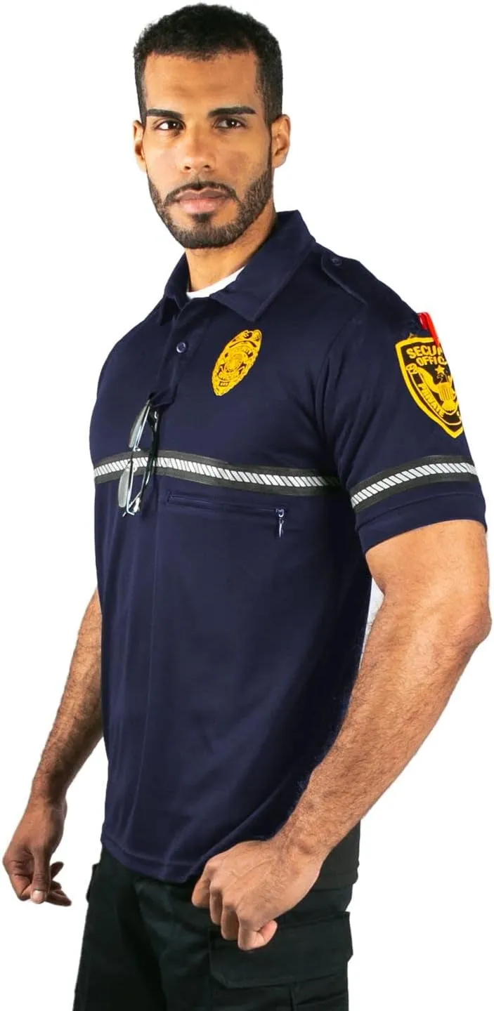 First Class Security Badge and Patch Bike Patrol Polo Shirt with Zipper Pocket and Reflective Hash Stripes