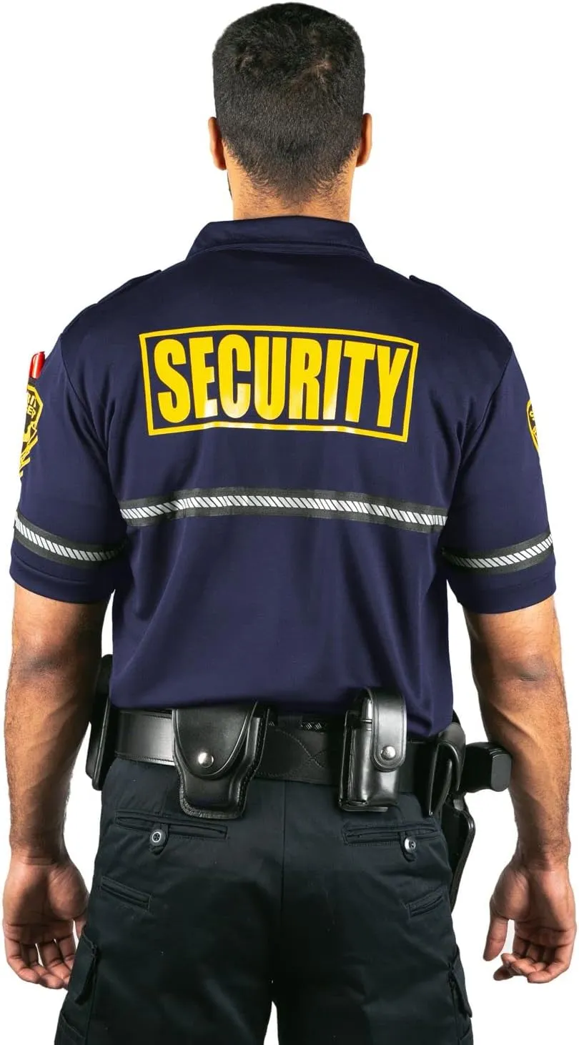 First Class Security Badge and Patch Bike Patrol Polo Shirt with Zipper Pocket and Reflective Hash Stripes