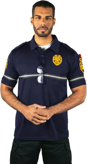 First Class Security Badge and Patch Bike Patrol Polo Shirt with Zipper Pocket and Reflective Hash Stripes