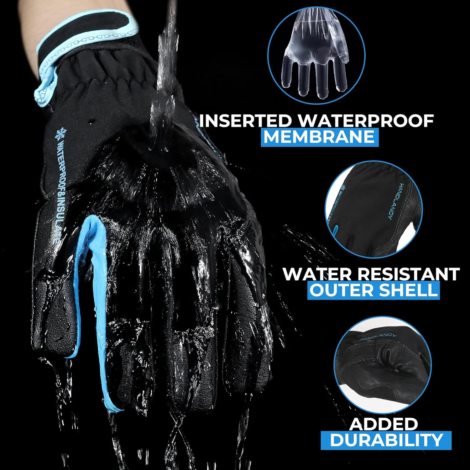 HANDLANDY Insulated Work Gloves, Thermal Winter Gloves Waterproof for Men Women, Warm Cold Weather Gloves (Black- Blue, Large)