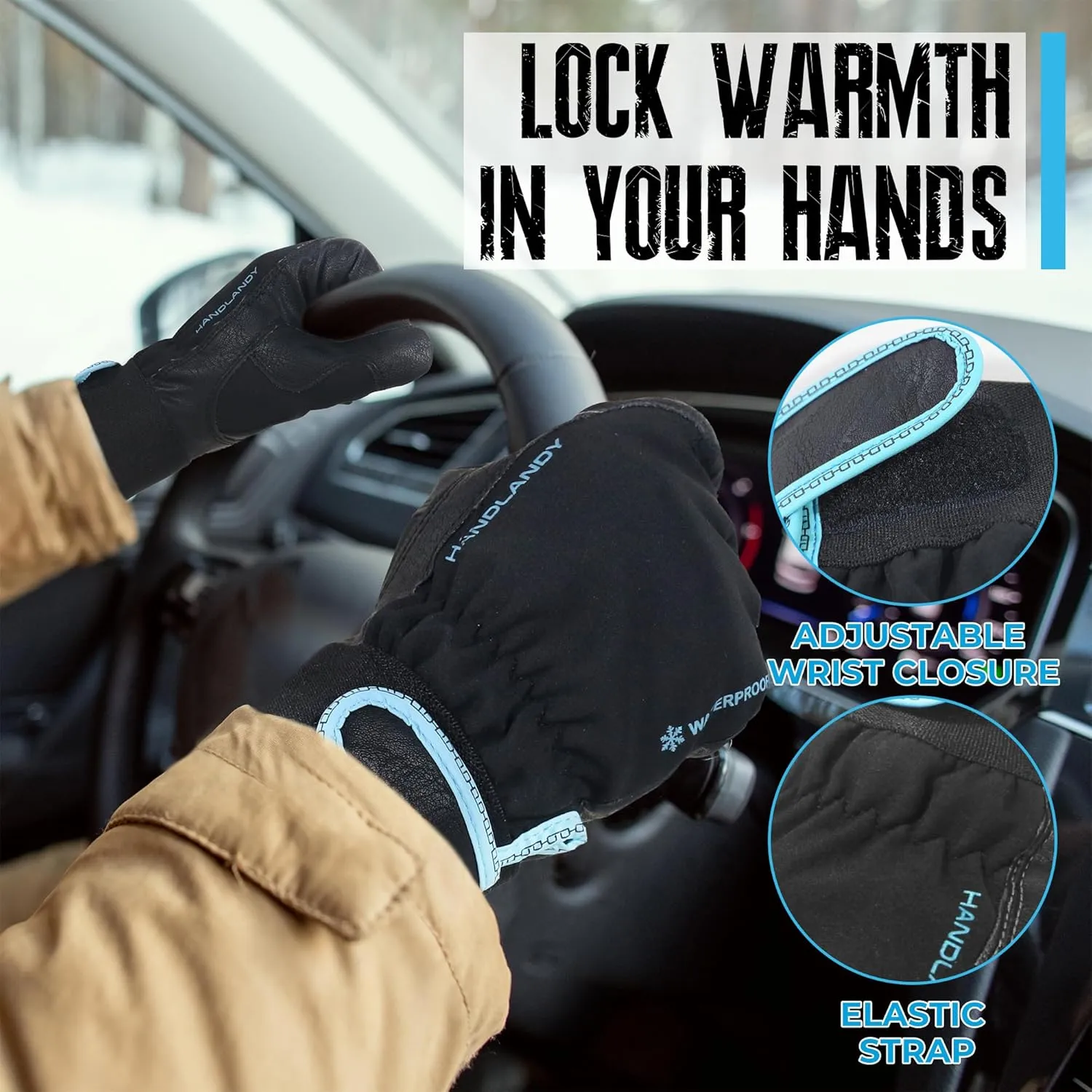 HANDLANDY Insulated Work Gloves, Thermal Winter Gloves Waterproof for Men Women, Warm Cold Weather Gloves (Black- Blue, Large)
