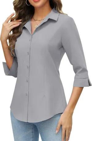 HOTOUCH Women Button Down Shirts 3/4 Sleeve Basic Business Dress Shirt Slim Fitted Classic V Neck Button Up Work Blouse Tops