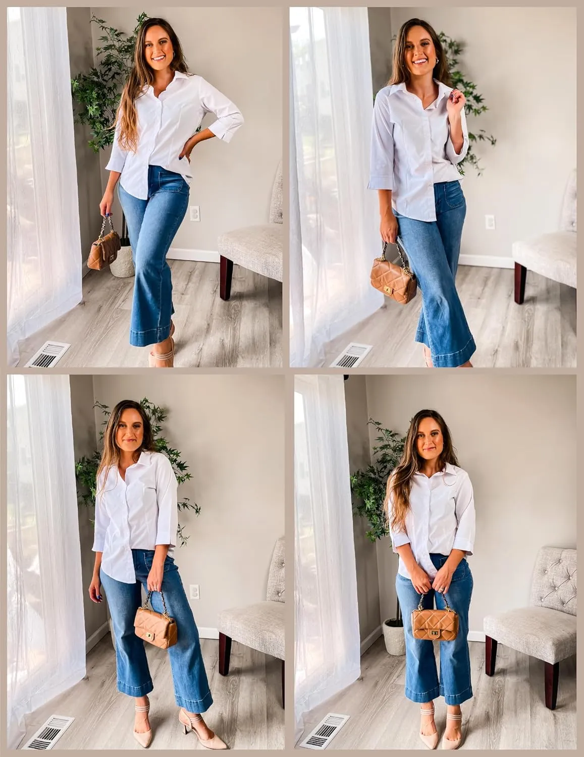 HOTOUCH Women Button Down Shirts 3/4 Sleeve Basic Business Dress Shirt Slim Fitted Classic V Neck Button Up Work Blouse Tops