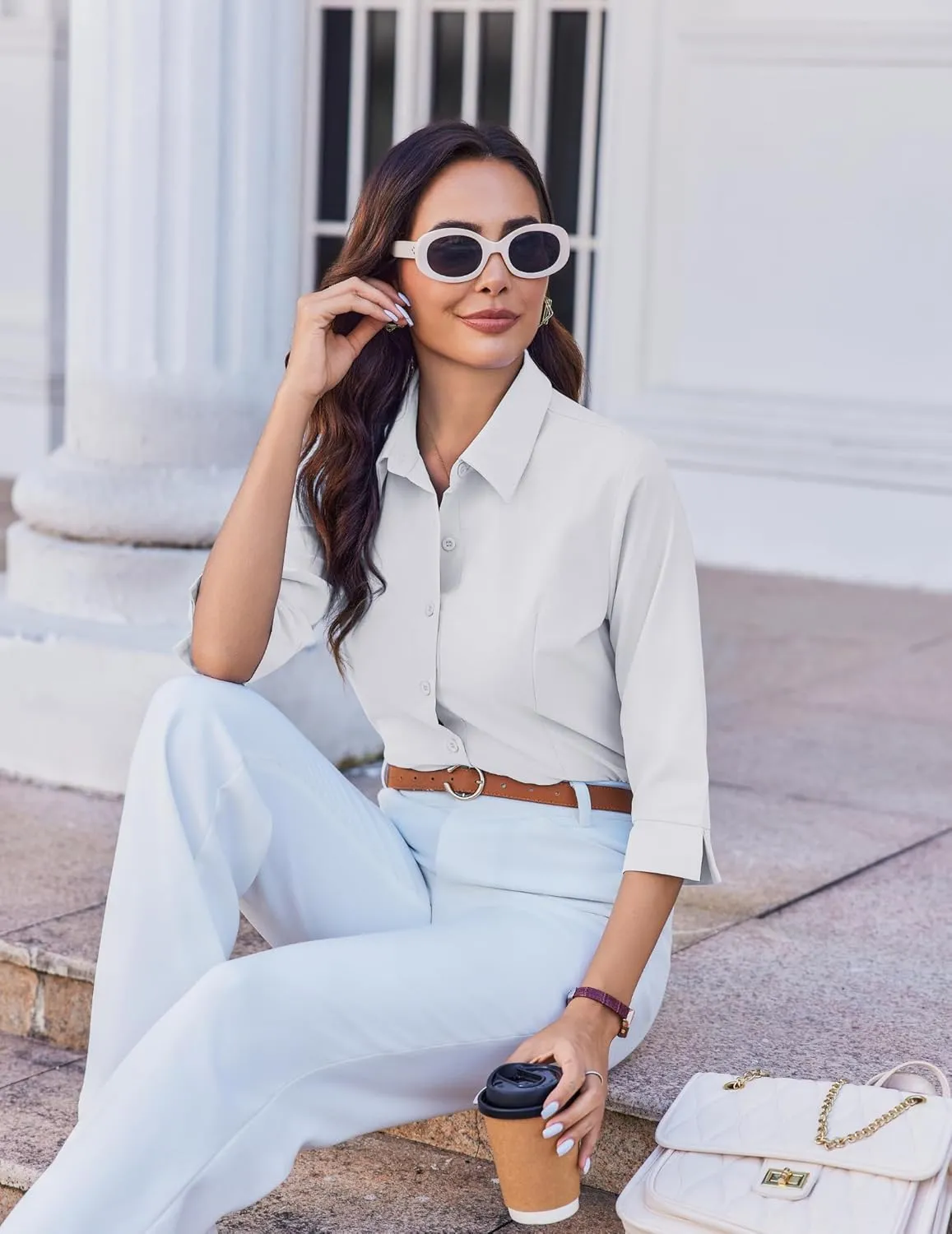 HOTOUCH Women Button Down Shirts 3/4 Sleeve Basic Business Dress Shirt Slim Fitted Classic V Neck Button Up Work Blouse Tops
