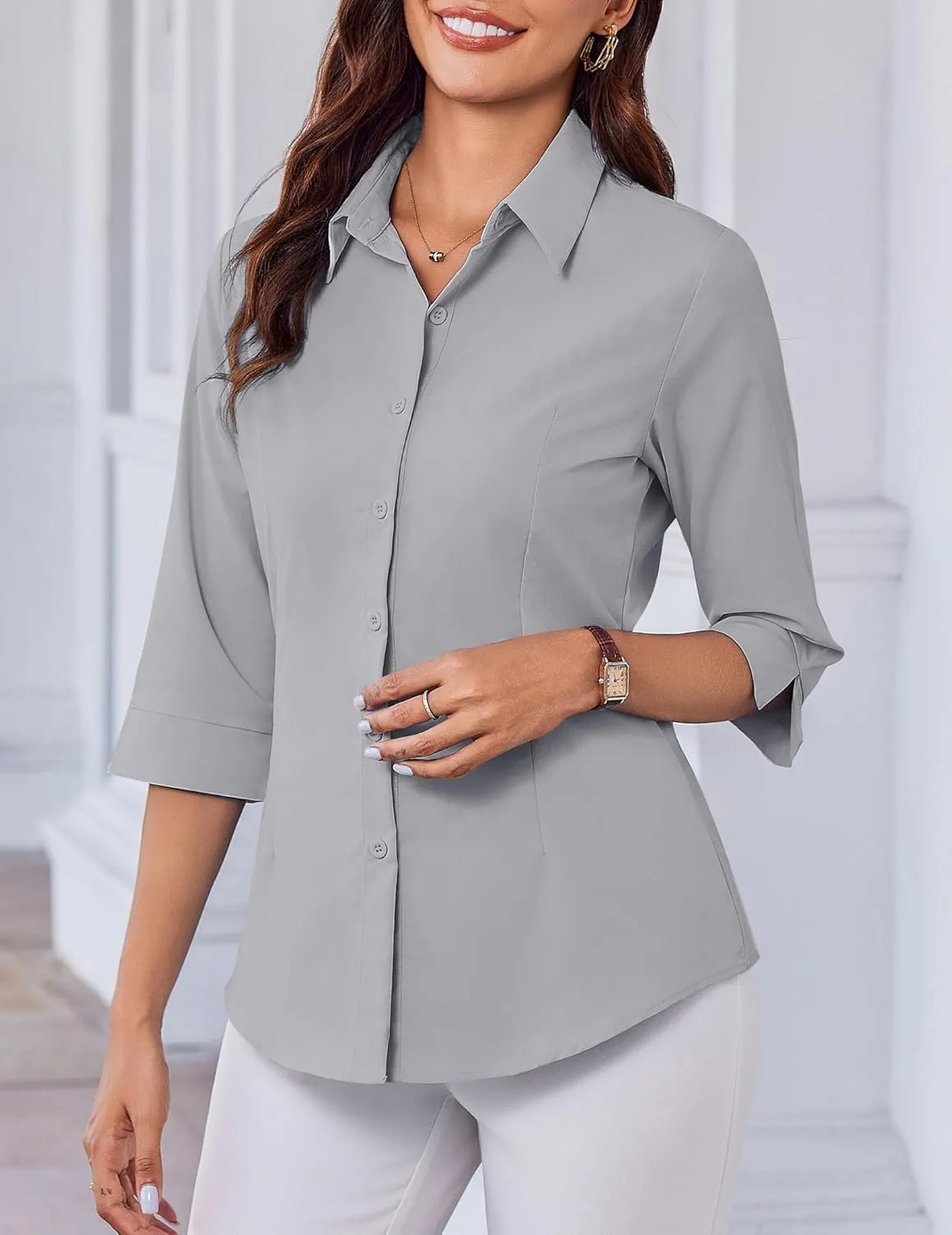 HOTOUCH Women Button Down Shirts 3/4 Sleeve Basic Business Dress Shirt Slim Fitted Classic V Neck Button Up Work Blouse Tops