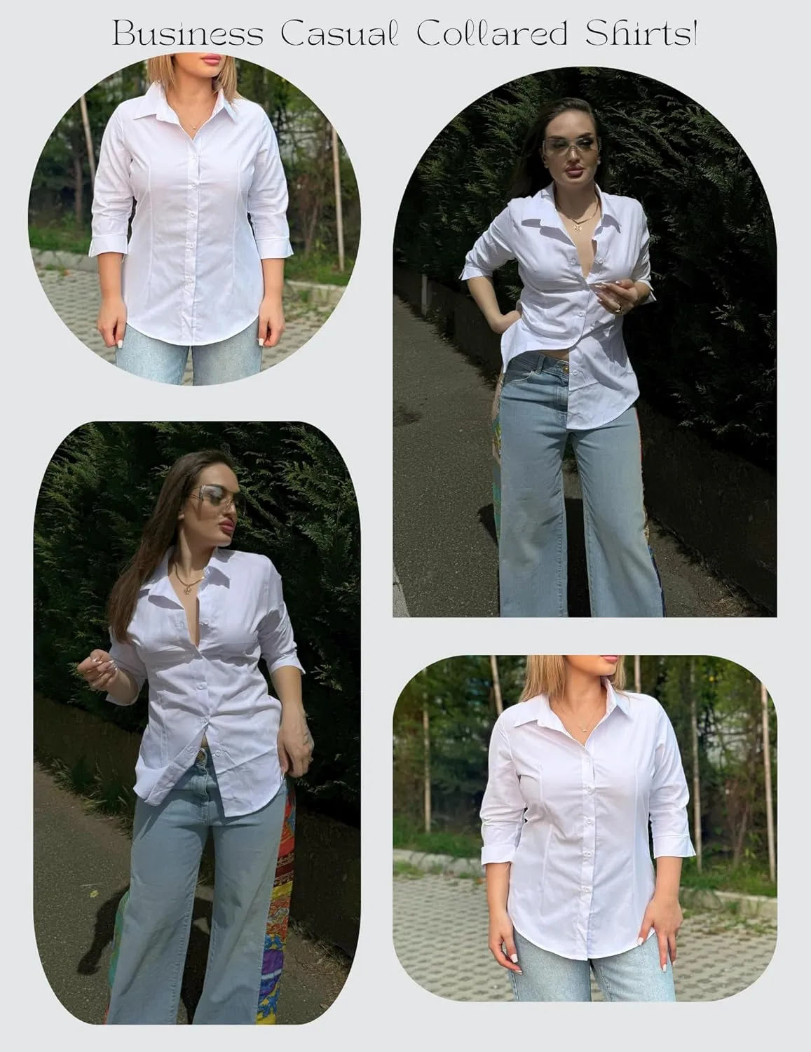 HOTOUCH Women Button Down Shirts 3/4 Sleeve Basic Business Dress Shirt Slim Fitted Classic V Neck Button Up Work Blouse Tops