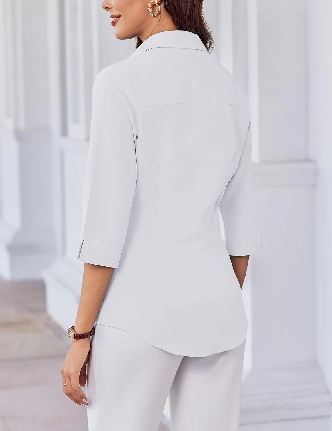 HOTOUCH Women Button Down Shirts 3/4 Sleeve Basic Business Dress Shirt Slim Fitted Classic V Neck Button Up Work Blouse Tops
