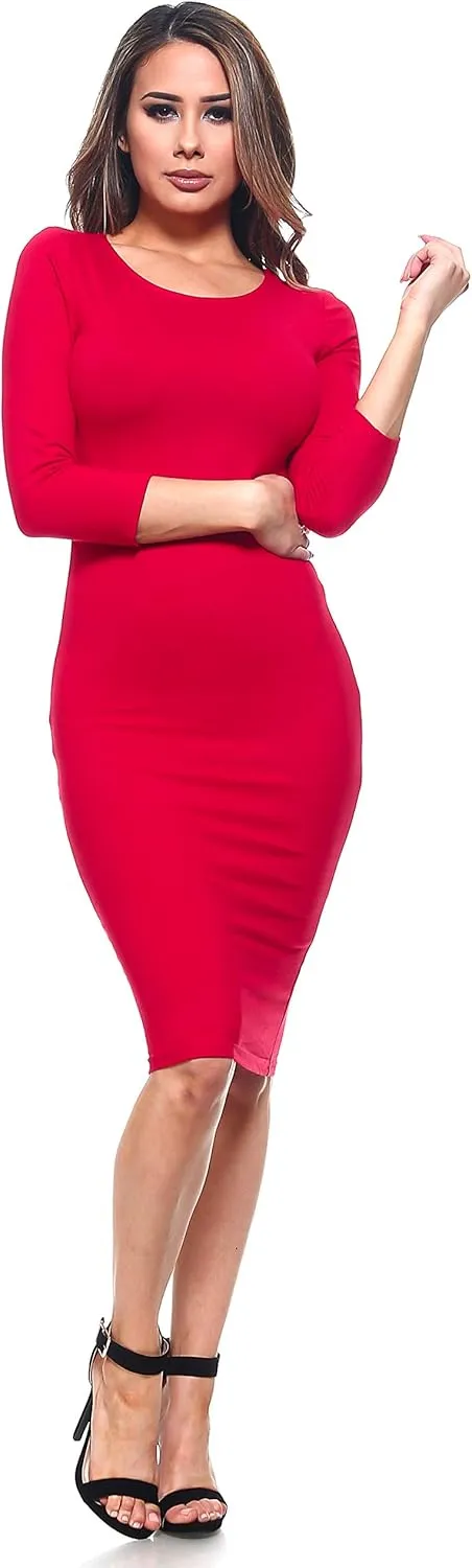 ICONOFLASH Women's 3/4 Sleeves Midi Bodycon Dress Crew Neck Fitted Dresses with Plus Size Options
