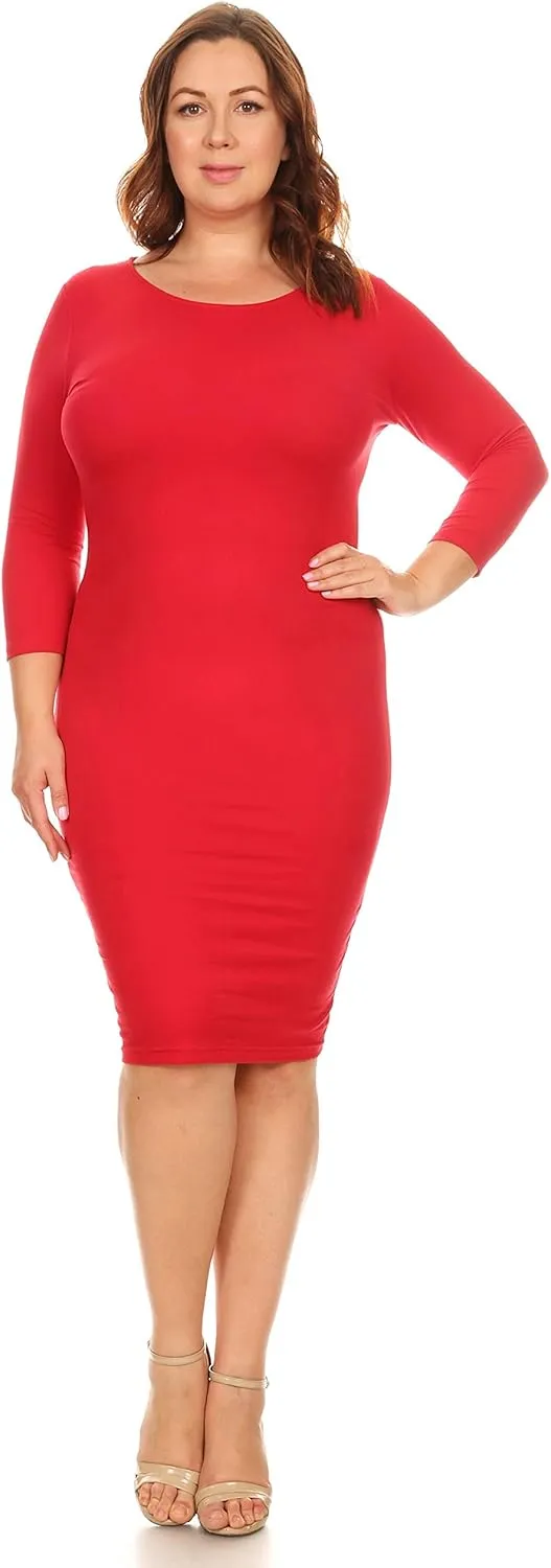 ICONOFLASH Women's 3/4 Sleeves Midi Bodycon Dress Crew Neck Fitted Dresses with Plus Size Options