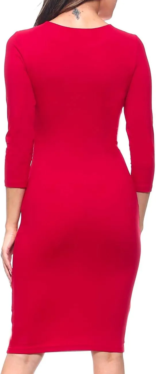ICONOFLASH Women's 3/4 Sleeves Midi Bodycon Dress Crew Neck Fitted Dresses with Plus Size Options