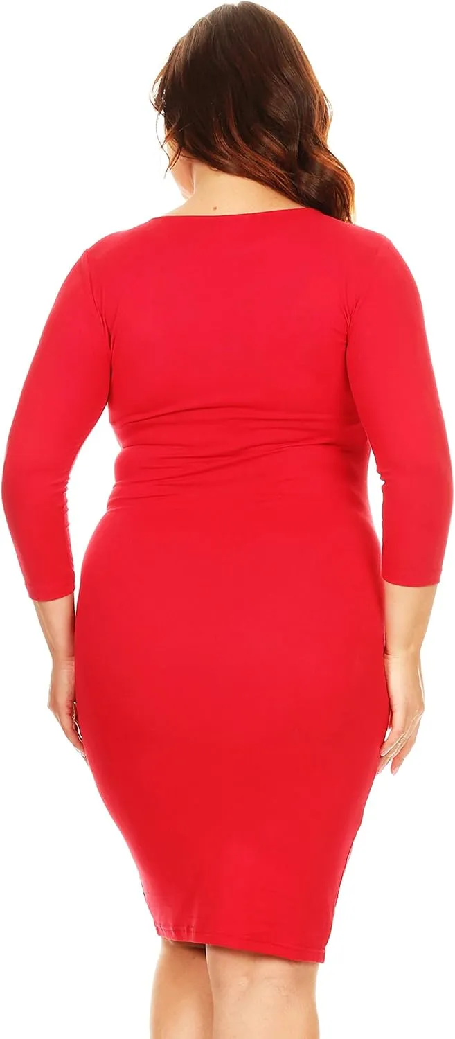 ICONOFLASH Women's 3/4 Sleeves Midi Bodycon Dress Crew Neck Fitted Dresses with Plus Size Options