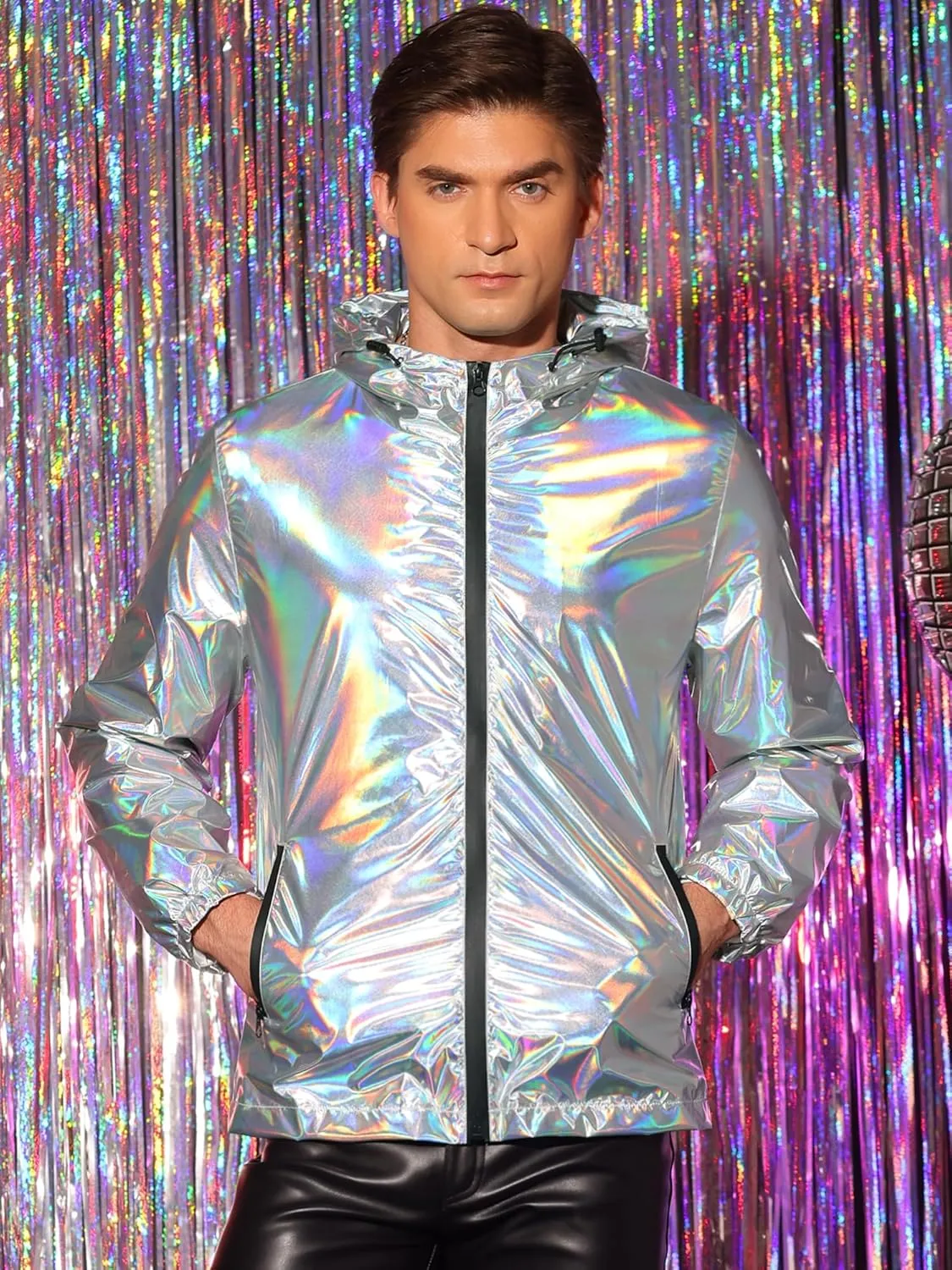 Lars Amadeus Holographic Jackets for Men's Zipper Hooded Reflective Holographic Jackets Metallic Shiny Sparkle Jacket