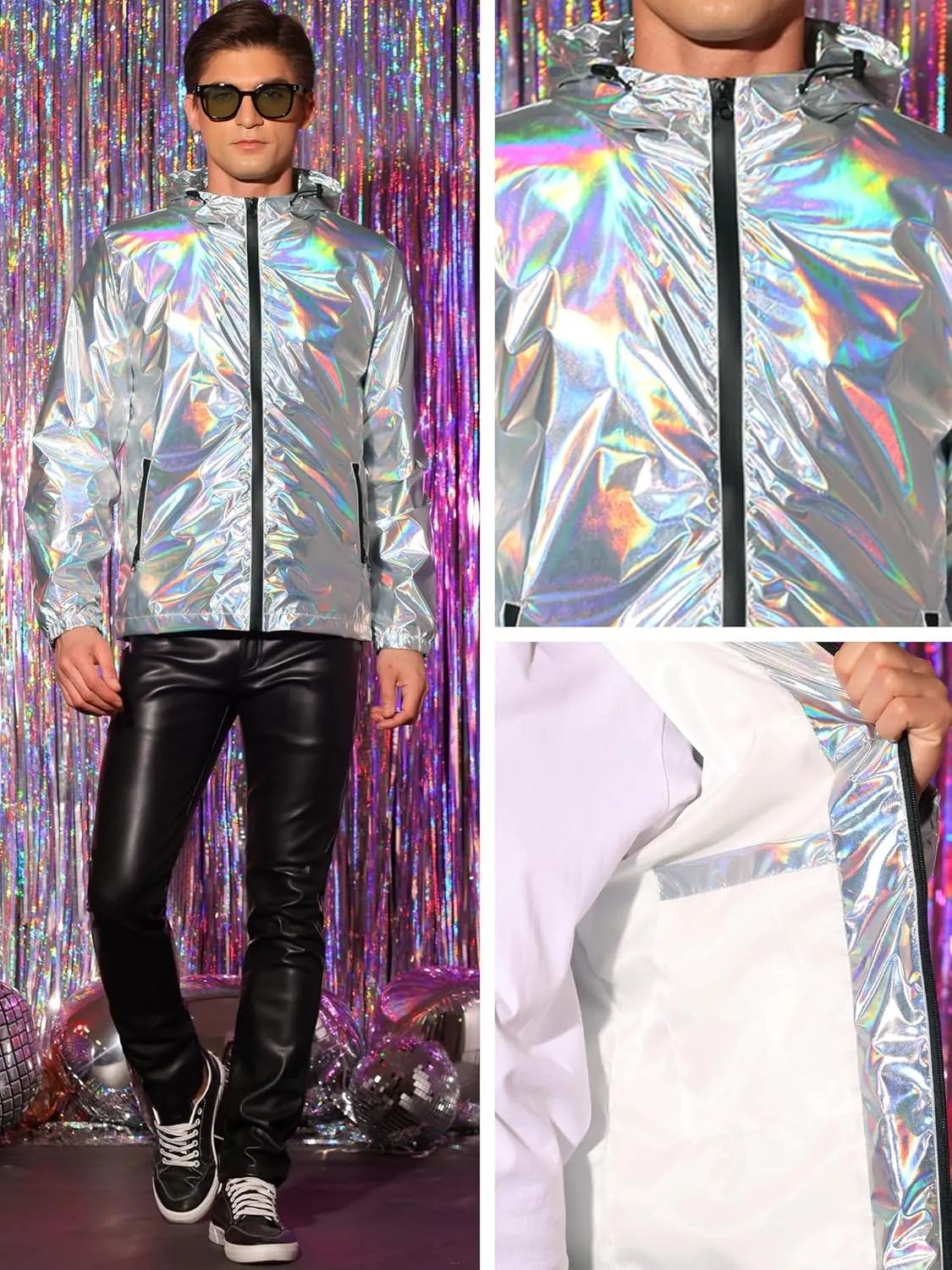 Lars Amadeus Holographic Jackets for Men's Zipper Hooded Reflective Holographic Jackets Metallic Shiny Sparkle Jacket