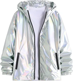 Lars Amadeus Holographic Jackets for Men's Zipper Hooded Reflective Holographic Jackets Metallic Shiny Sparkle Jacket