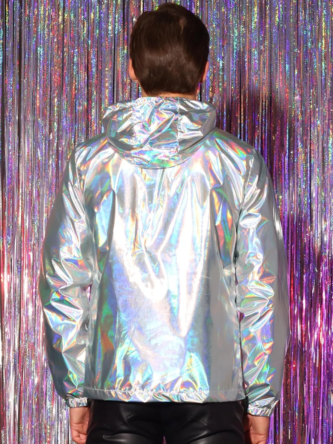 Lars Amadeus Holographic Jackets for Men's Zipper Hooded Reflective Holographic Jackets Metallic Shiny Sparkle Jacket