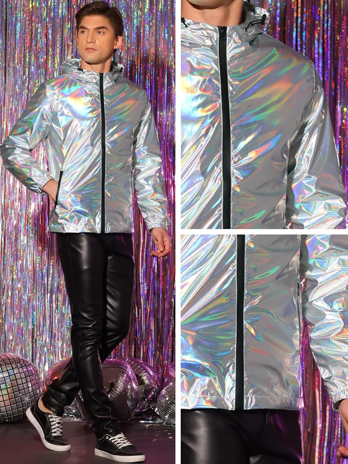 Lars Amadeus Holographic Jackets for Men's Zipper Hooded Reflective Holographic Jackets Metallic Shiny Sparkle Jacket