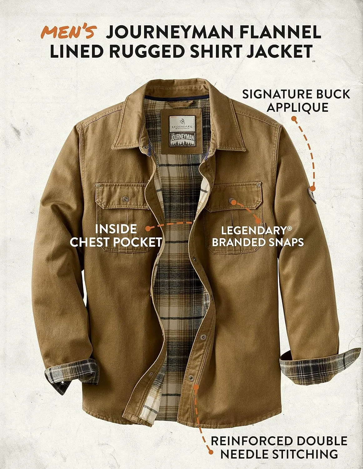 Legendary Whitetails Journeyman Shirt Jacket Flannel Lined Shacket for Men Water-Resistant Coat Rugged Fall Clothing