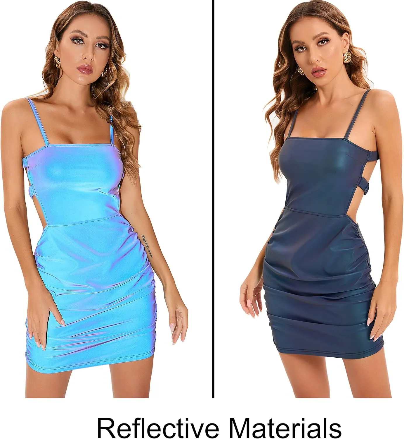 LZLRUN Women's Rainbow Reflective Backless Tie Back Split Spaghetti Strap Bodycon Rave Party Sexy Dresses