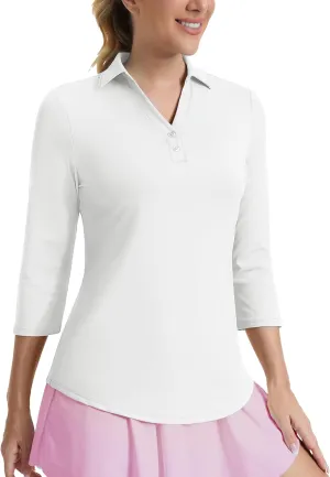 MAGCOMSEN Women's UPF 50  3/4 Long Sleeve Polo Shirt Collared V Neck Golf Shirts Quick Dry Casual Work Moisture Wicking