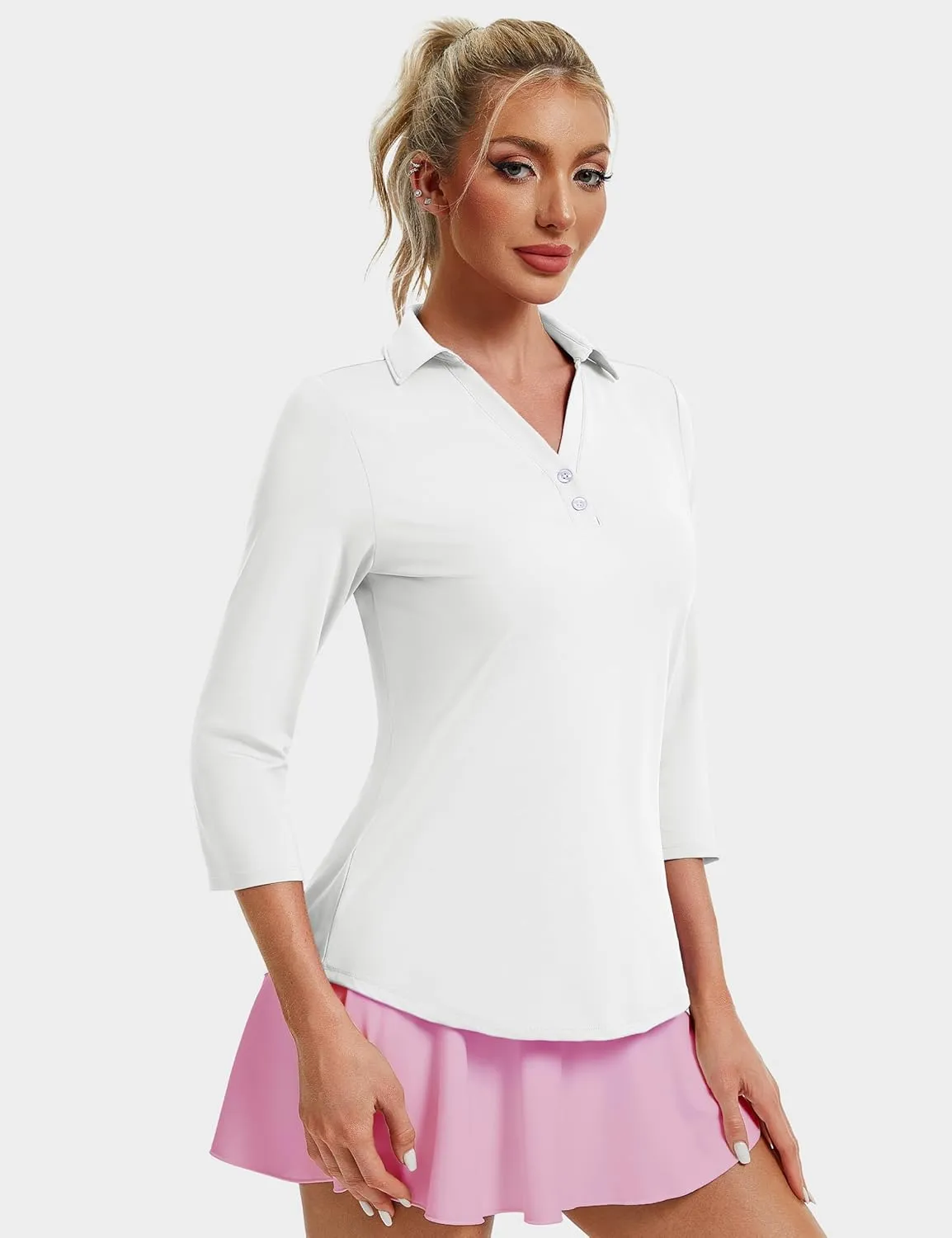 MAGCOMSEN Women's UPF 50  3/4 Long Sleeve Polo Shirt Collared V Neck Golf Shirts Quick Dry Casual Work Moisture Wicking