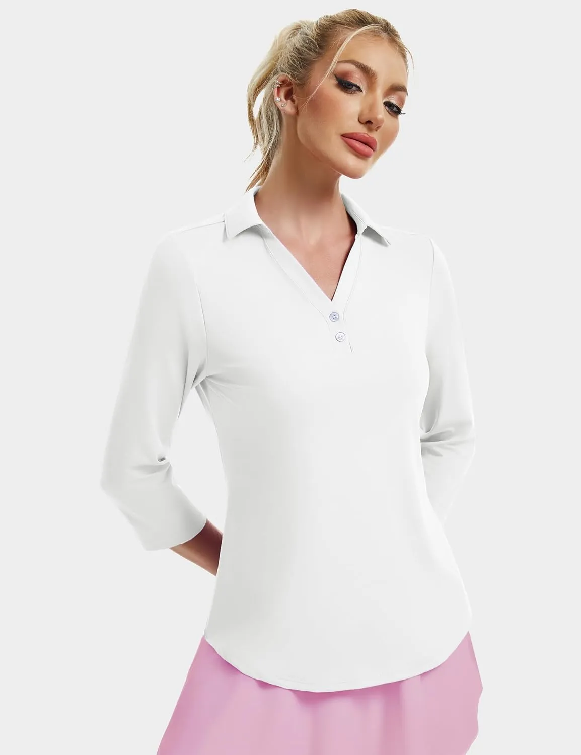 MAGCOMSEN Women's UPF 50  3/4 Long Sleeve Polo Shirt Collared V Neck Golf Shirts Quick Dry Casual Work Moisture Wicking
