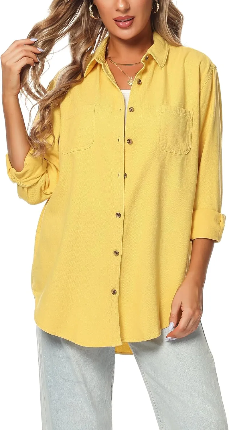 MCEDAR Oversized Denim Shirt for Women Long Sleeves Button Down Boyfriend Jean Jacket with Utility-Pocket (S-4X)