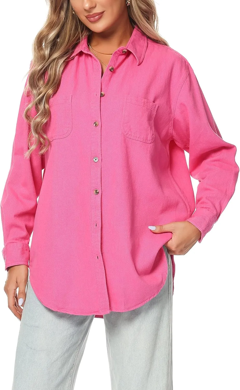 MCEDAR Oversized Denim Shirt for Women Long Sleeves Button Down Boyfriend Jean Jacket with Utility-Pocket (S-4X)