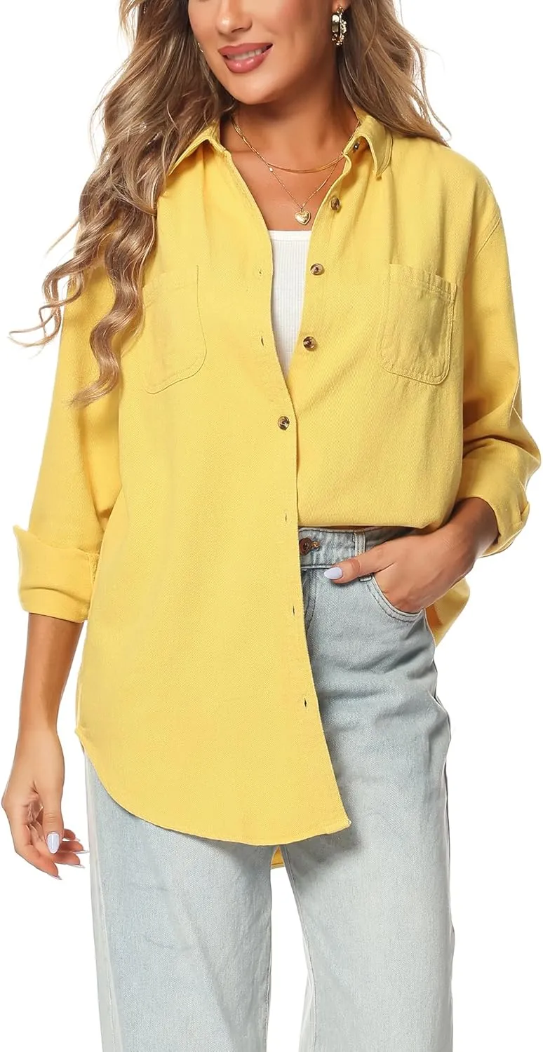 MCEDAR Oversized Denim Shirt for Women Long Sleeves Button Down Boyfriend Jean Jacket with Utility-Pocket (S-4X)