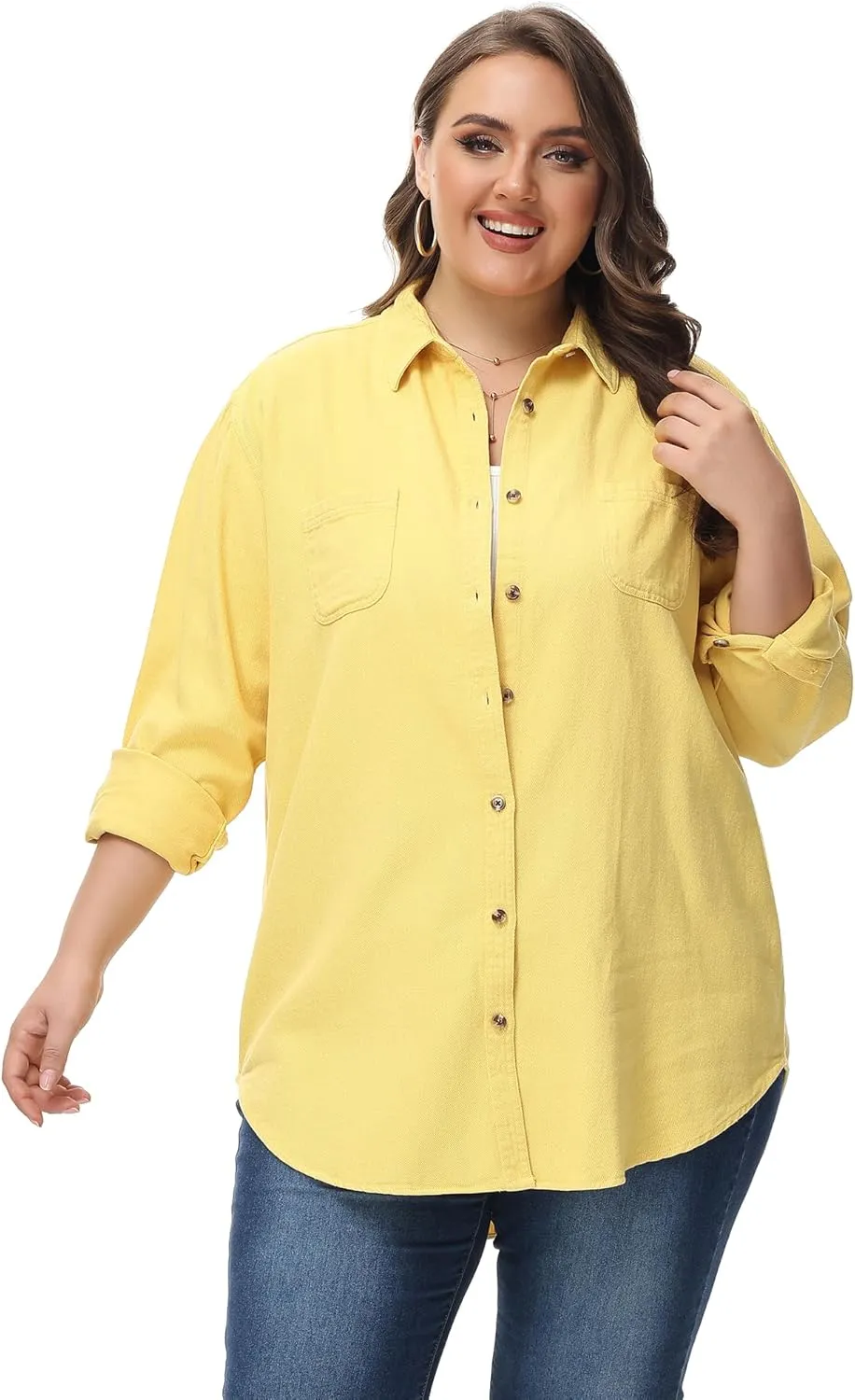 MCEDAR Oversized Denim Shirt for Women Long Sleeves Button Down Boyfriend Jean Jacket with Utility-Pocket (S-4X)