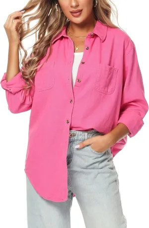 MCEDAR Oversized Denim Shirt for Women Long Sleeves Button Down Boyfriend Jean Jacket with Utility-Pocket (S-4X)