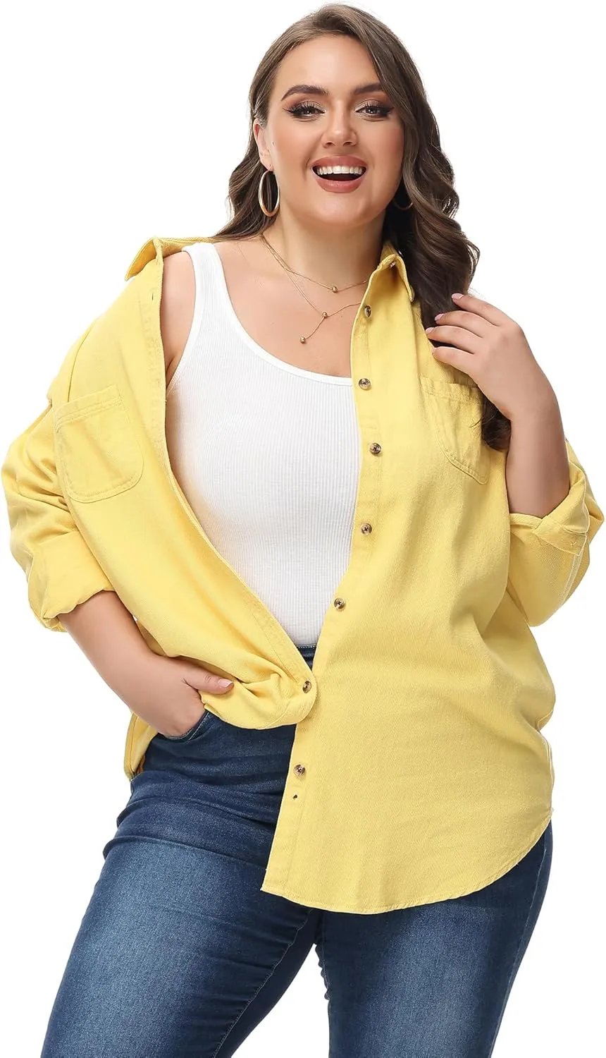 MCEDAR Oversized Denim Shirt for Women Long Sleeves Button Down Boyfriend Jean Jacket with Utility-Pocket (S-4X)