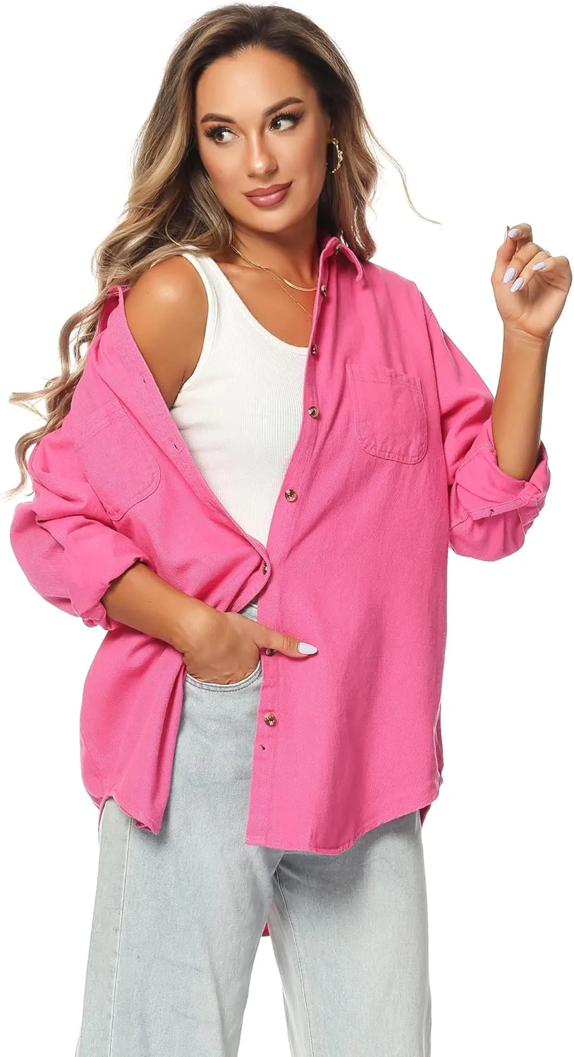 MCEDAR Oversized Denim Shirt for Women Long Sleeves Button Down Boyfriend Jean Jacket with Utility-Pocket (S-4X)