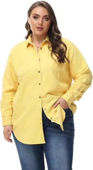 MCEDAR Oversized Denim Shirt for Women Long Sleeves Button Down Boyfriend Jean Jacket with Utility-Pocket (S-4X)