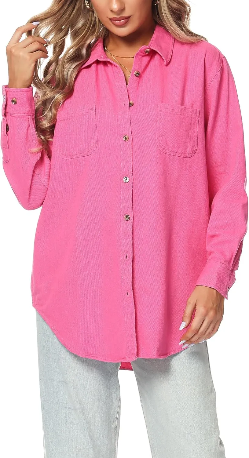 MCEDAR Oversized Denim Shirt for Women Long Sleeves Button Down Boyfriend Jean Jacket with Utility-Pocket (S-4X)
