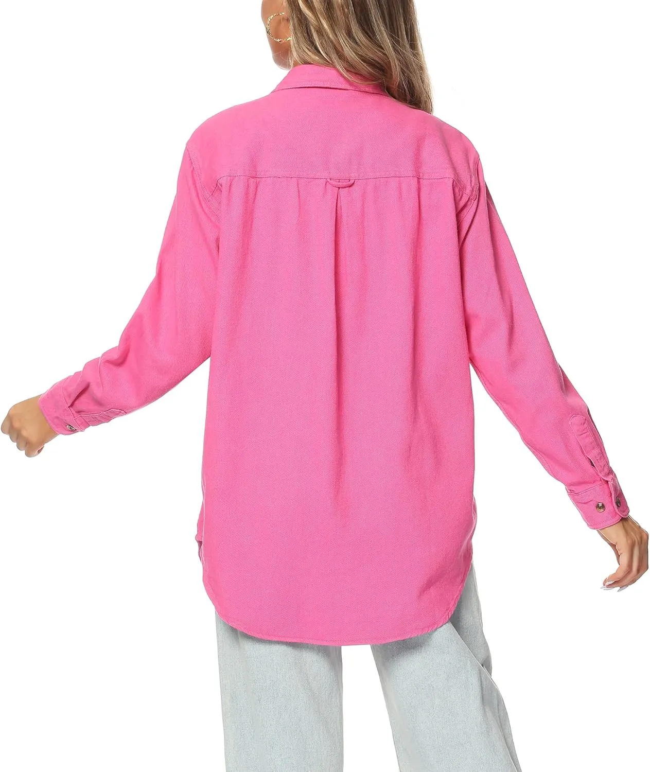 MCEDAR Oversized Denim Shirt for Women Long Sleeves Button Down Boyfriend Jean Jacket with Utility-Pocket (S-4X)