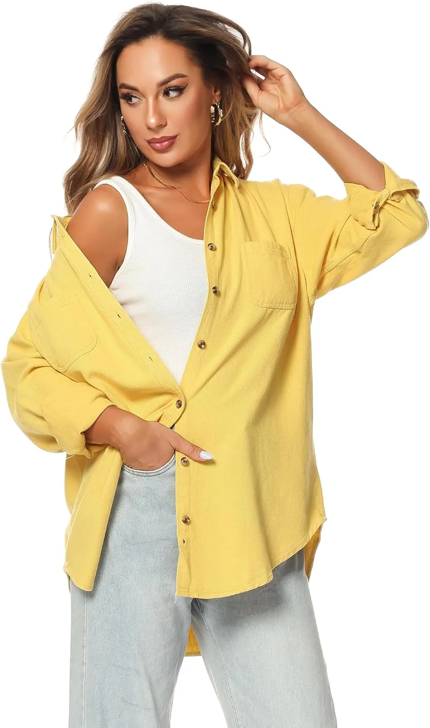 MCEDAR Oversized Denim Shirt for Women Long Sleeves Button Down Boyfriend Jean Jacket with Utility-Pocket (S-4X)