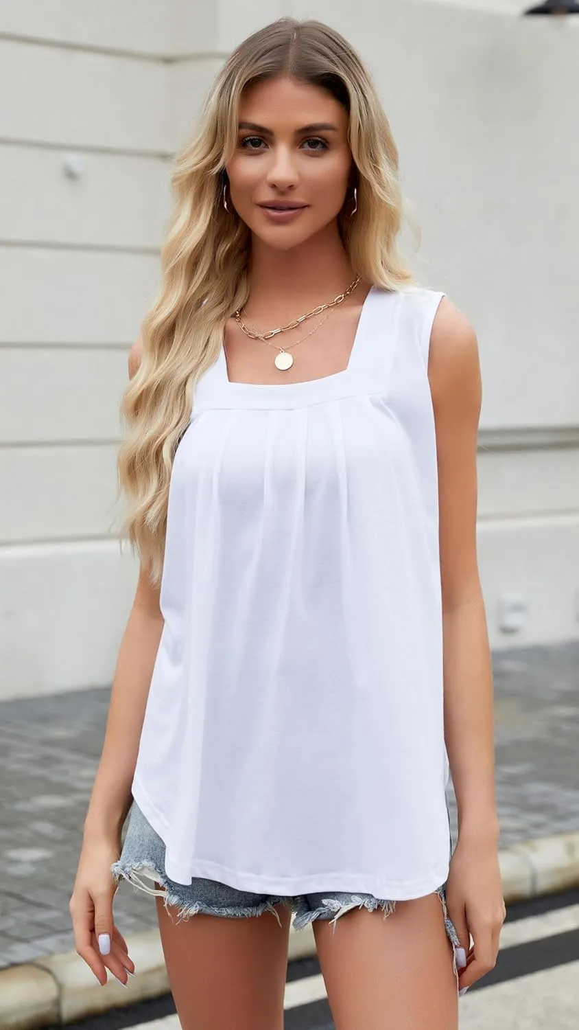 Womens Tank Tops Summer Square Neck Pleated Sleeveless Top Casual Loose Fit Basic Shirts