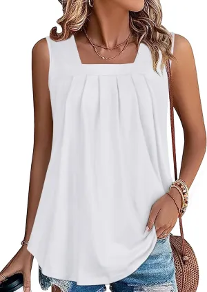 Womens Tank Tops Summer Square Neck Pleated Sleeveless Top Casual Loose Fit Basic Shirts